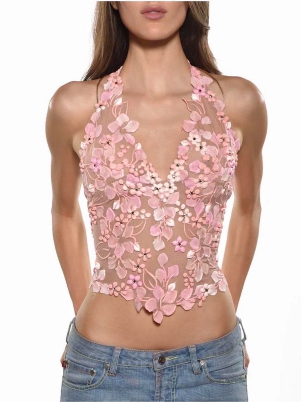 English Garden Flesh Pink Floral Appliqué Halter Crop Top - Ema Savahl